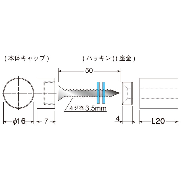 ウォールデコフックタイプI(固定)20×φ16　店舗用品　化粧ビス　ナット 2枚目