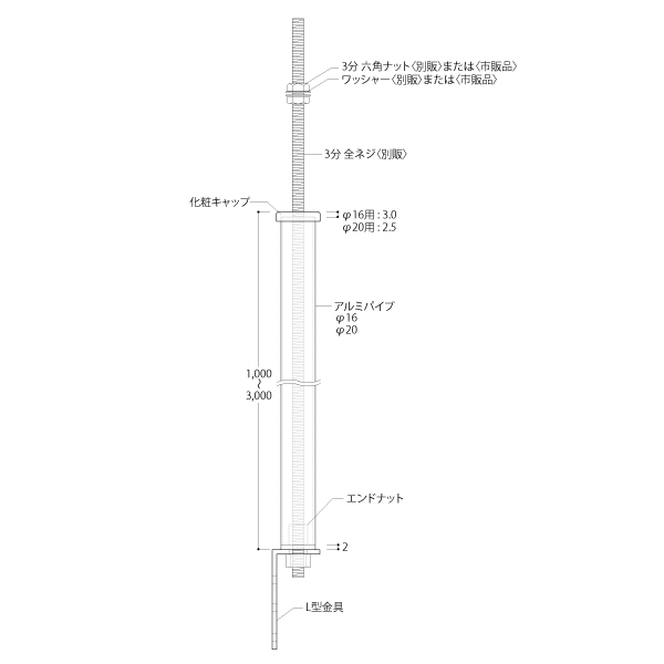 LH-S 天井吊り下げディスプレイ アルミスクリュータイプ L型座金 φ16 ホワイト L1000 4枚目