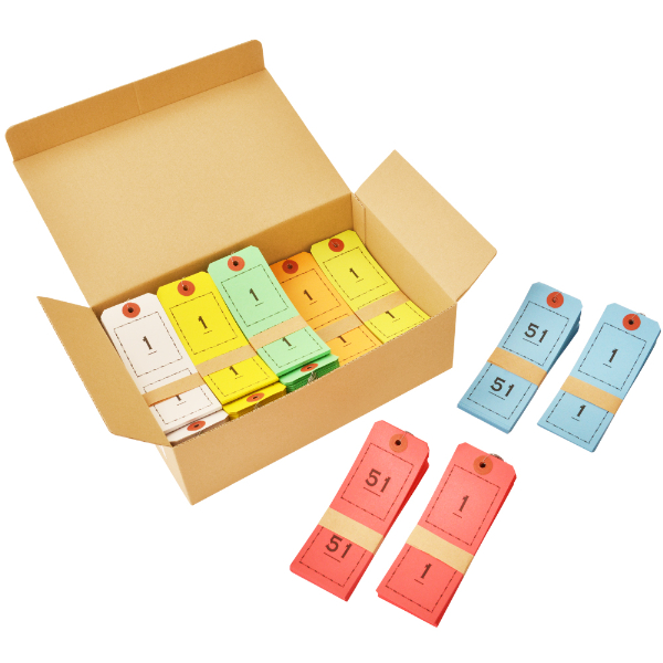 ニューペーパークロークチケット 袋無 1000枚入り(10色×100枚)荷札 1~100番 店舗用品 運営備品 レジ回り用品 番号札 ミシン目入り