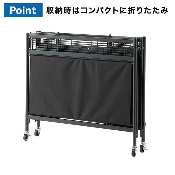 中折れ式ワゴン ブラック W900　店舗用品　陳列什器　販売ワゴン　セールワゴン　折りたたみ式　収納棚付　テント3面張り　スチール製 3枚目